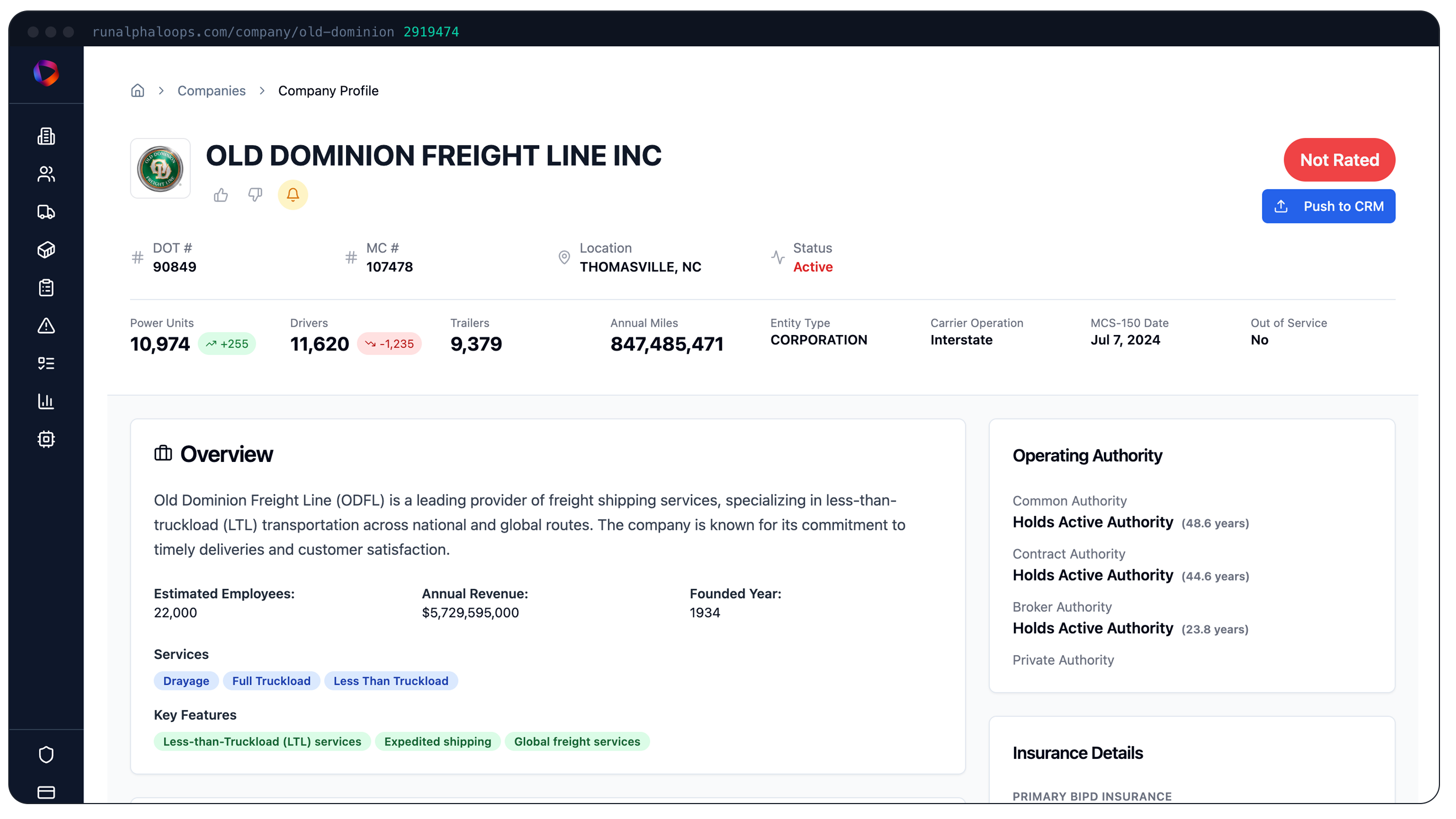 AlphaLoops carrier intelligence dashboard showing technology stack, growth signals, and contact information